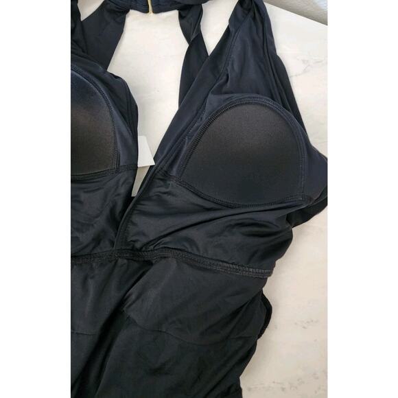 Badgley Mischka One-Piece Swimsuit Ruched Waist Deep Plunge Black Size 10 NWT - Picture 7 of 7